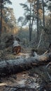 The quiet aftermath of turmoil in a forest, with sunlight piercing through the canopy onto the fallen timber.