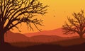 A quiet afternoon with stunning mountain views from the edge of town at dusk. Vector illustration