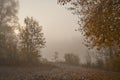 A quiet autumn dawn over the lake in sunlight. Fresh fog creeps over the ground Royalty Free Stock Photo