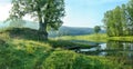 Quiet backwater of river on the background of forest slope.