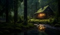 quiet cabin in the middle of the riverside forest, ai generative