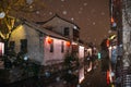 Quiet China ancient water town village in snow dark, zhouzhuang, suzhou