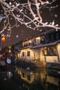 Quiet China ancient water town village in snow dark, zhouzhuang, suzhou