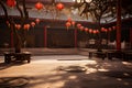 Chinese temple courtyard adorned with symbolic decorations during the Chinese New Year festivities. AI Generated