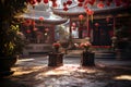 Chinese temple courtyard adorned with symbolic decorations during the Chinese New Year festivities. AI Generated