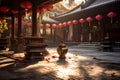 Chinese temple courtyard adorned with symbolic decorations during the Chinese New Year festivities. AI Generated