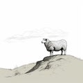 Quiet Contemplation: Hand Drawn Sketch of Sheep on Hill