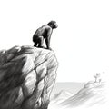 Quiet Contemplation: A High Resolution Black And White Drawing Of A Chimpanzee On A Mountain