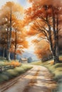 A quiet country road with a small house amd trees, a painting of water color, wallart design, printable, nature, view Royalty Free Stock Photo