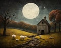 Moonlit Serenity: A Rustic Vignette of a Church and Sheep in a P