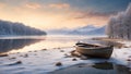 Winter evening on a small lake, floating wooden boat on the water.