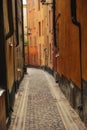 Quiet, empty cobbled street in a small European tourist city. A narrow alley way in a rural town surrounded by tall Royalty Free Stock Photo