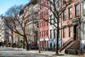 Quiet empty sidewalk in front of historic building in New York City