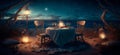 A quiet evening on the beach, a table for two by the sea, with fairy lights and decorative candles Generative AI