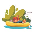 Quiet fishing on calm lake, two male characters, vector illustration, isolated on white background. Characters with