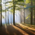 A quiet forest with a misty fog and sun rays filtering through the trees2, Generative AI Royalty Free Stock Photo