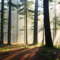 A quiet forest with a misty fog and sun rays filtering through the trees3, Generative AI Royalty Free Stock Photo