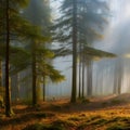 A quiet forest with a misty fog and sun rays filtering through the trees1, Generative AI Royalty Free Stock Photo