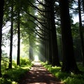 A quiet forest path lined with tall, ancient trees and dappled sunlight