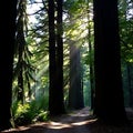A quiet forest path lined with tall, ancient trees and dappled sunlight