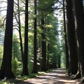 A quiet forest path lined with tall, ancient trees and dappled sunlight