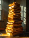 Towering Stack of Old Files in Golden Sunlight Royalty Free Stock Photo