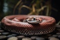 A quiet and gentle snake coiled up in a terrarium - This snake is coiled up in a terrarium or tank, enjoying the warmth and