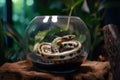 A quiet and gentle snake coiled up in a terrarium - This snake is coiled up in a terrarium or tank, enjoying the warmth and