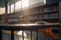 Quiet Haven: An Empty High School Library Bathed in Light Royalty Free Stock Photo