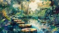 Quiet jungle pond surrounded by mosaic stepping stones, serene wildlife scenes, golden hour, soft focus, panoramic landscape,