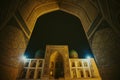 Quiet Kalon Mosque, Mir-i Arab Madrasah square, old ancient building ruin at night, Bukhara, Uzbekistan