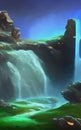 Quiet magical fantasy landscape with a waterfall