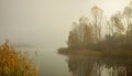 Quiet misty early morning on the forest lake. Trees reflected in calm water.