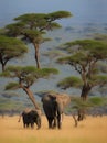 Quiet moment of harmony as elephants grazes in the lush African savannah.