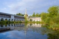 Quiet morning at the monastery pond of the Tikhvin Assumption Monastery. Leningrad region, Russia Royalty Free Stock Photo