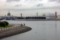 Quiet morning in St. Petersburg. View across the Neva river to Vasilievsky island, the exchange building and Rostral columns.