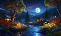 Quiet night scene in a mountain valley at Christmas Royalty Free Stock Photo