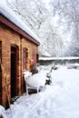 Quiet old house in snow landscape and frozen garden. A red brick cottage in Europe with thick white frost covered yard Royalty Free Stock Photo