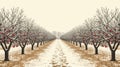 A quiet path through an apple orchard, trees dormant and covered in a light dusting of snow, rustic charm, serene winter scene, p Royalty Free Stock Photo