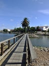 Footbridge at the fishing pond in La Coronada, Badajoz - Spain Royalty Free Stock Photo