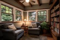 quiet reading corner in craftsman design with visible ceiling beams Royalty Free Stock Photo