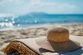 Quiet relaxation Sunhat on empty sunlounger by the beach midday