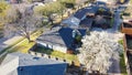 Quiet residential street and back alley of suburban neighborhood with blooming white flower of Bradford pear or Pyrus calleryana, Royalty Free Stock Photo