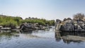 In a quiet river backwater there are piles of boulders, duckweed on the water