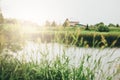 Quiet river, green grassy shore and russian village countryside background Royalty Free Stock Photo