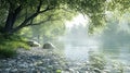 A quiet riverside scene with clear water, smooth pebbles, and trees Royalty Free Stock Photo