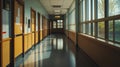 A quiet school corridor with a few classroom doors on one side and a row of windows on the other, capturing the early Royalty Free Stock Photo