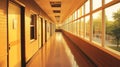 A quiet school corridor with a few classroom doors on one side and a row of windows on the other, capturing the early Royalty Free Stock Photo
