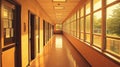 A quiet school corridor with a few classroom doors on one side and a row of windows on the other, capturing the early Royalty Free Stock Photo