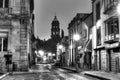 Downtown streets of San Luis Potosi at Sunrise in monochrome